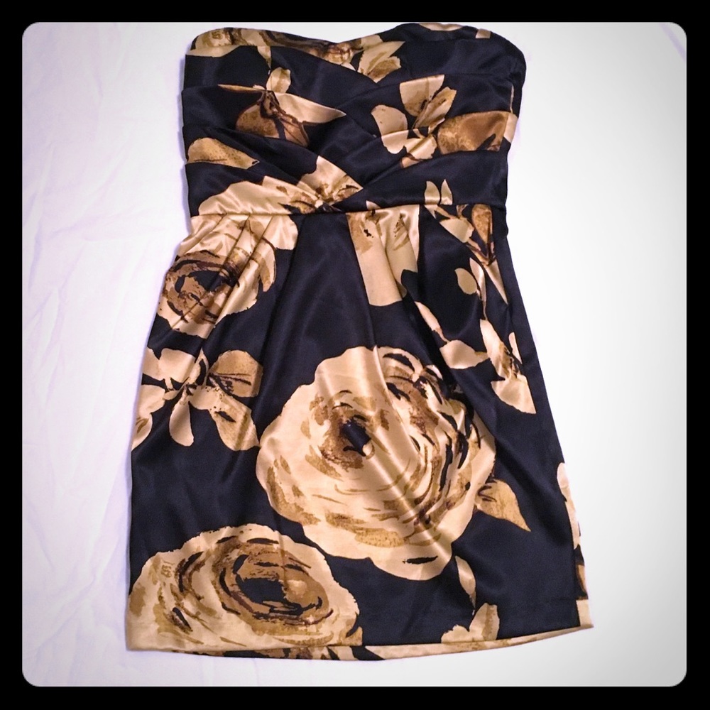 Black and yellow floral strapless mini dress